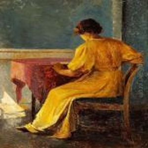 Interior With A Woman In A Yellow Dress At A Table