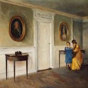 Interior From Liselund With The Artist's Daughtersreading by Peder Vilhelm Ilsted
