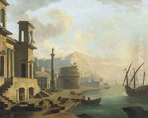 A capriccio of a Mediterranean harbour with stevedore's unloading wine
