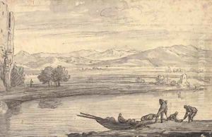 An Italianate landscape with boatmen on a river, ruins to the left