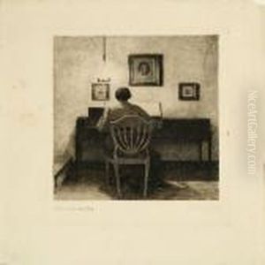 A Girl At A Spinet And A Girl In A Bed Chamber by Peder Vilhelm Ilsted