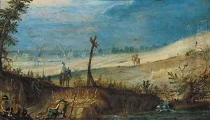 A landscape with soldiers resting by a path and two cavaliers in arms on their mounts, a village beyond by Antoine Mirou