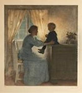 Interior Wih Woman Seen From The
 Back. Signed And Numbered With Led Peter Ilsted 150/123. Mezzotint In 
Colours. 35 X 32 Cm