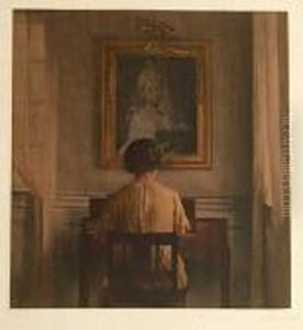 Mother And Child. Signed And 
Numbered With Led Peter Ilsted 75/41. Mezzotint. Visible Size 48 X 43 Cm by Peder Vilhelm Ilsted