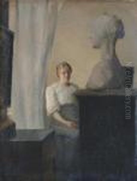 A Young Woman Contemplating A Marble Bust. - view 1
