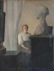 A Young Woman Contemplating A Marble Bust. by Peder Vilhelm Ilsted