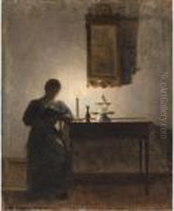 I Stearinlysets Skaer (reading By Candlelight) by Peder Vilhelm Ilsted
