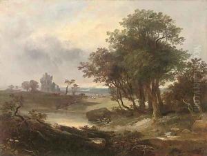 A ruined castle beyond a pool