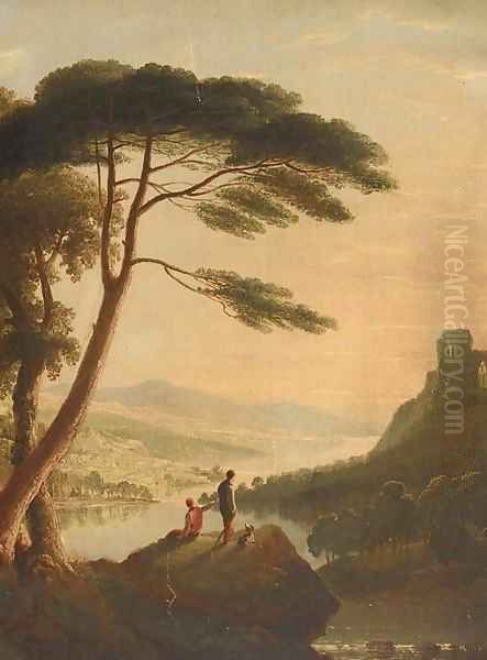 Boys on a rocky ledge at sunset - view 1