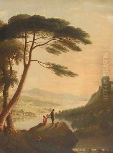 Boys on a rocky ledge at sunset by Horatio Macculloch