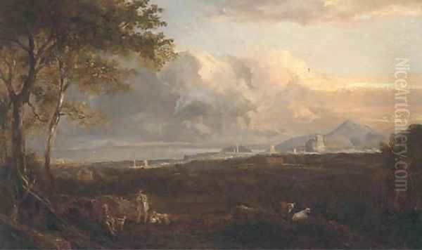 Hunters and their dogs before an extensive view of Edinburgh - view 1