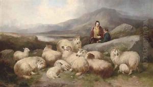 A shepherd with his flock in a Highland landscape A shepherd with his flock in a Highland landscape
