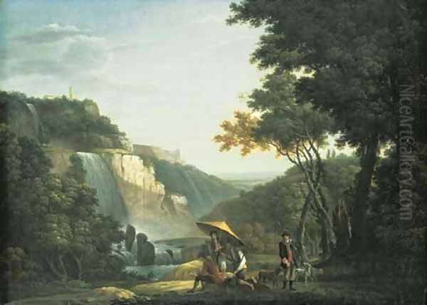 View of the Falls at Tivoli and the Villa of Maecenas, an artist sketching and sportsmen in the foreground by Jacob More
