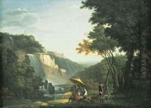 View of the Falls at Tivoli and the Villa of Maecenas, an artist sketching and sportsmen in the foreground View of the Falls at Tivoli and the Villa of Maecenas, an artist sketching and sportsmen in the foreground