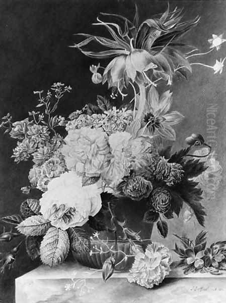 A Stil life with Flowers in a Pot on a marble Ledge - view 1