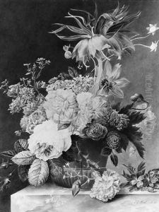 A Stil life with Flowers in a Pot on a marble Ledge