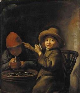 A boy eating mussels, another lighting a pipe by Jan Miese Molenaer