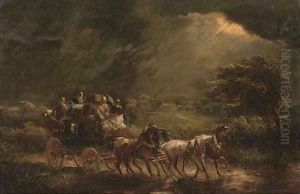 A stage coach and four on a stormy night, a country house beyond by John Charles Maggs