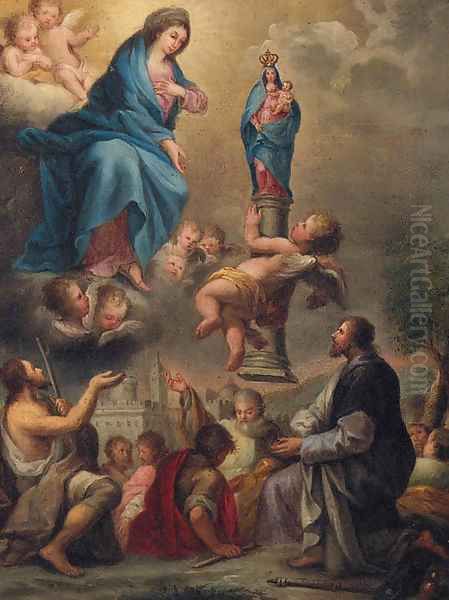 An angel presenting a statue of the Madonna and Child to the Madonna with John the Baptist, Saint Roch and other Saints - view 1
