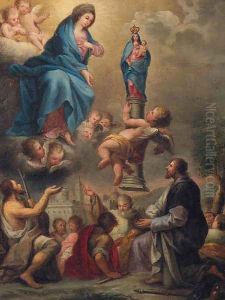 An angel presenting a statue of the Madonna and Child to the Madonna with John the Baptist, Saint Roch and other Saints by Pier Francesco Mola