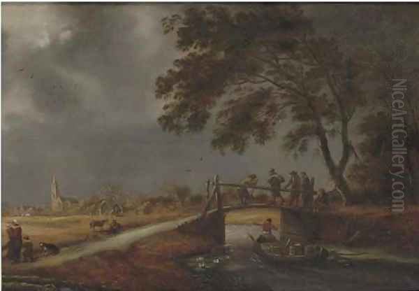 A stormy landscape with travellers on a bridge, a boat passing by and a woman with children on a path, a village beyond - view 1