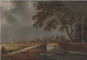 A stormy landscape with travellers on a bridge, a boat passing by and a woman with children on a path, a village beyond by Pieter Molijn