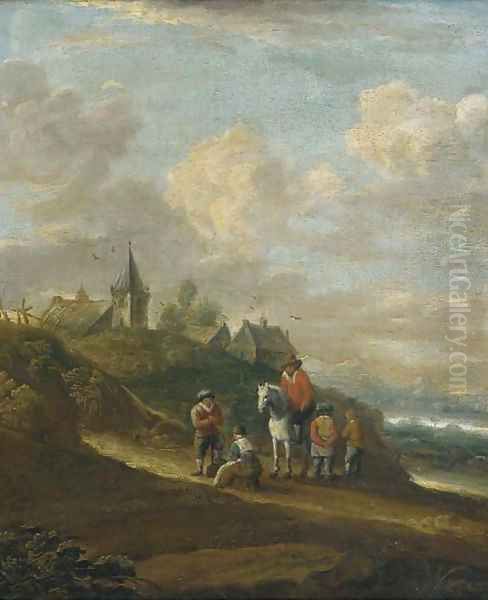 A dune landscape with peasants resting on a track, a town beyond - view 1
