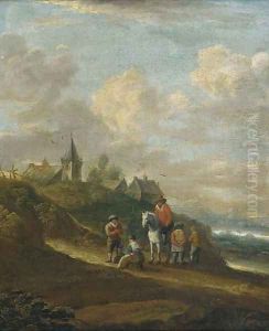 A dune landscape with peasants resting on a track, a town beyond by Pieter Molijn