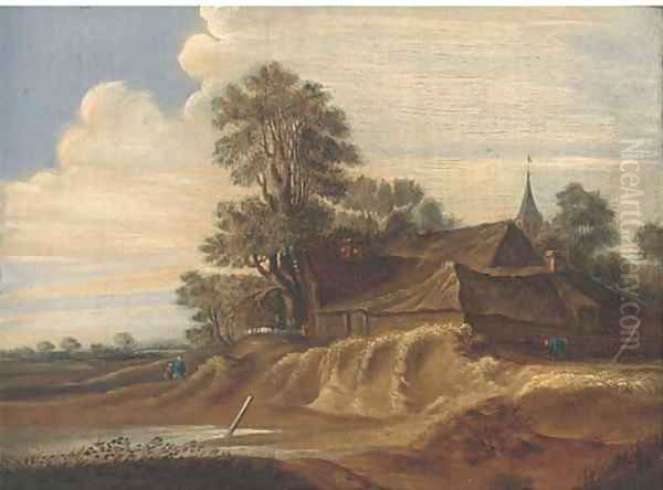 A landscape with a farm and farmhands; and A riverside town with fishermen in a boat and a windmill beyond - view 1
