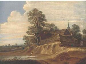 A landscape with a farm and farmhands; and A riverside town with fishermen in a boat and a windmill beyond