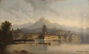 A capriccio view of a town on a lake