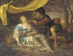 A shepherd kneeling over a lady sleeping under a canopy in a wooded landscape by Karel De Moor