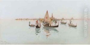 Gondolas and fishing craft on the Lagoon, Venice (illustrated) by Raffaele Mainella