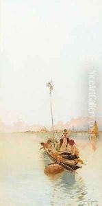 Figures on a fishing boat with Venice in the distance by Raffaele Mainella
