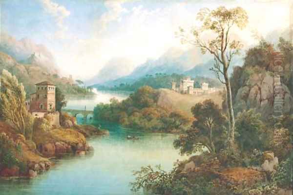 Figures in a rowing boat on a lake in a mountainous landscape - view 1
