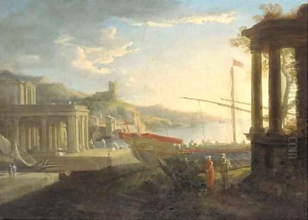 A Mediterranean harbour with figures amongst classical ruins - view 1