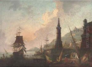 A Mediterranean harbour with elegant company and merchants by a lighthouse, shipping beyond