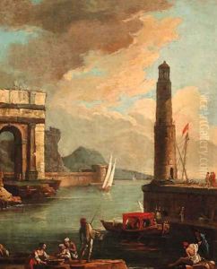 A Mediterranean harbour with peasants on the shore with a launch by a quayside and a tower beyond