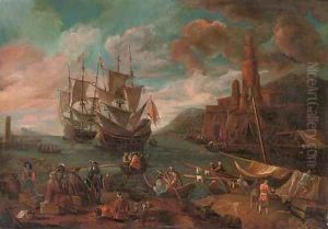A Mediterranian coastal scene with figures disembarking from a ship and a town beyond by Adriaen Manglard