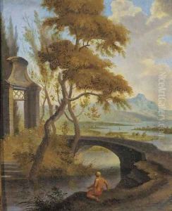 An extensive river landscape with a bather by a bridge