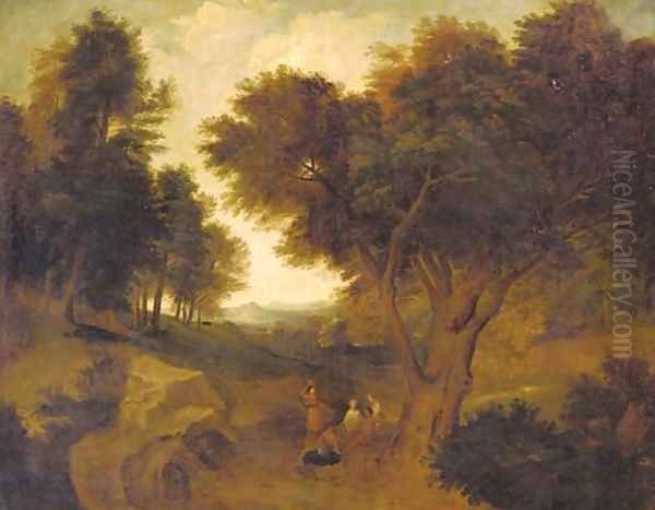 Figures resting on a country path - view 1