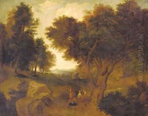 Figures resting on a country path by Aelbert Meyeringh