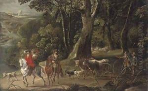 A river landscape with elegant figures on horseback, drovers and their cattle behind by Anton Mirou