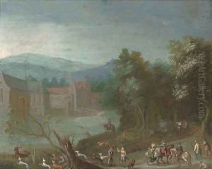 A wooded river landscape with a stag hunt, a castle beyond