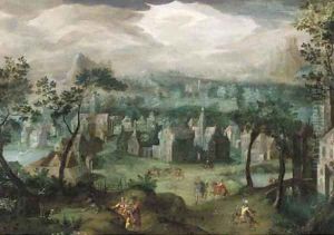 An extensive landscape with elegant company and villagers, a village beyond