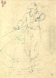 A man steering a boat with an oar, looking to the right