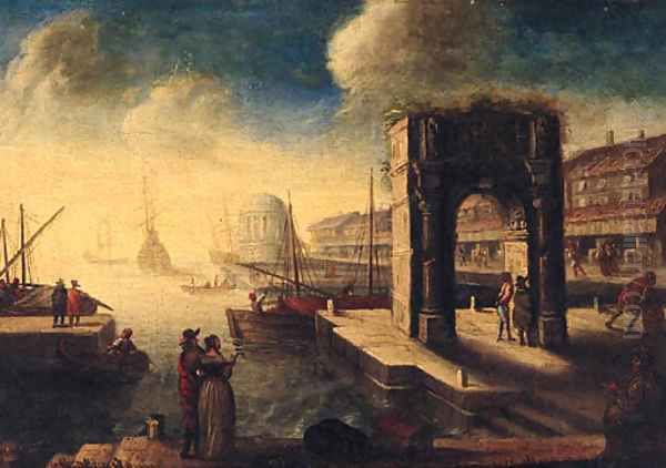 A capriccio of an Italianate port with an elegant couple on a quay - view 1