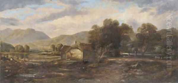 Figures beside a cottage in a highland landscape - view 1