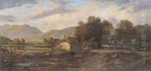 Figures beside a cottage in a highland landscape by Horatio McCulloch