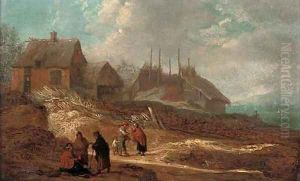 A dune landscape with figures conversing on a track before a village, a river beyond